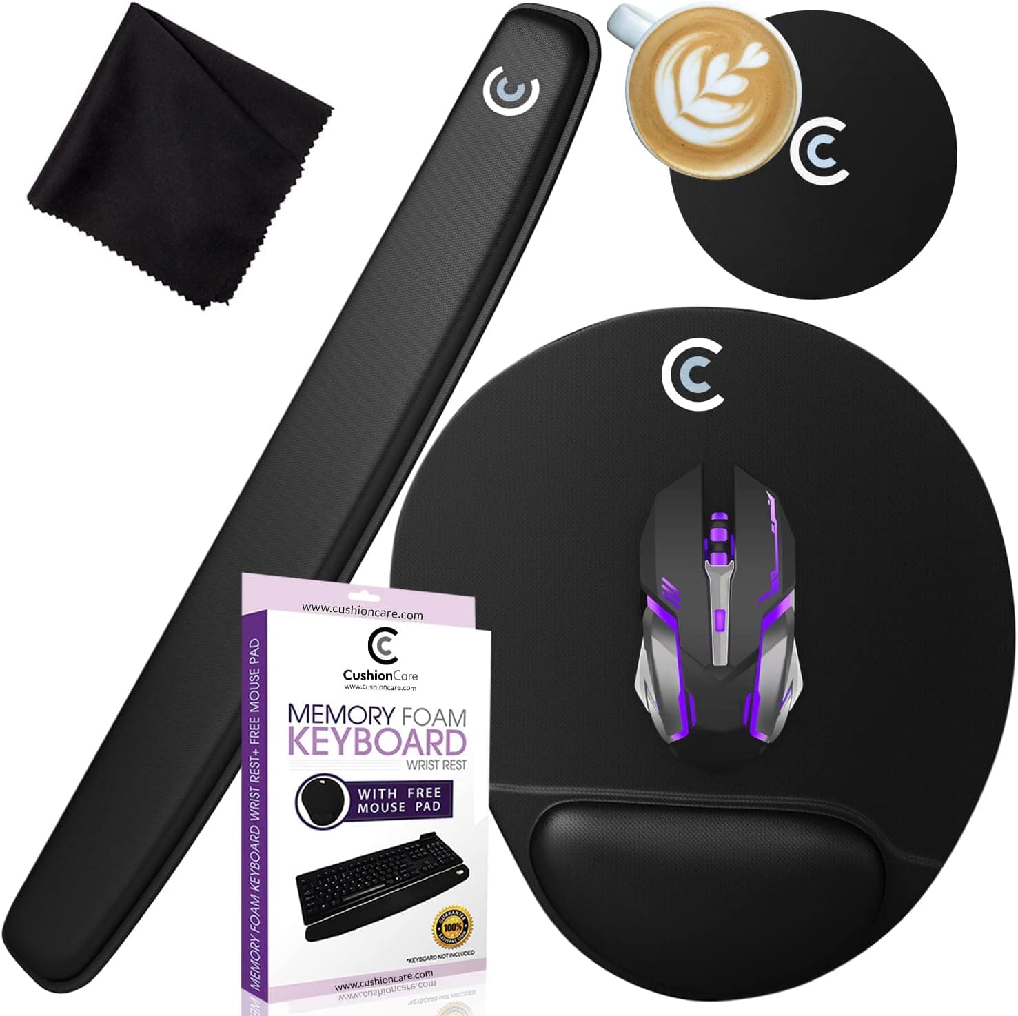 4pc Premium Wrist Rests for Keyboard and Mouse Pad Set - Memory Foam Cushion, Black
