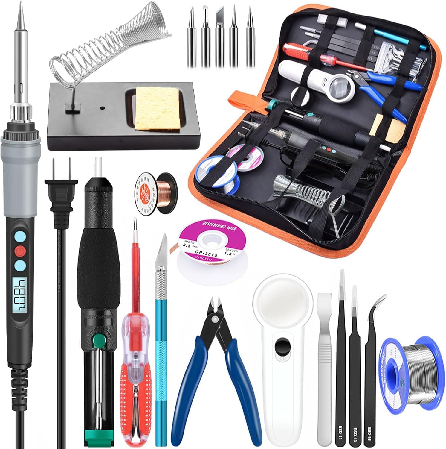 Soldering Iron Kit Electronics 21-in-1 90W Adjustable Temperature, 5 Tips, Stand, Desolder Pump