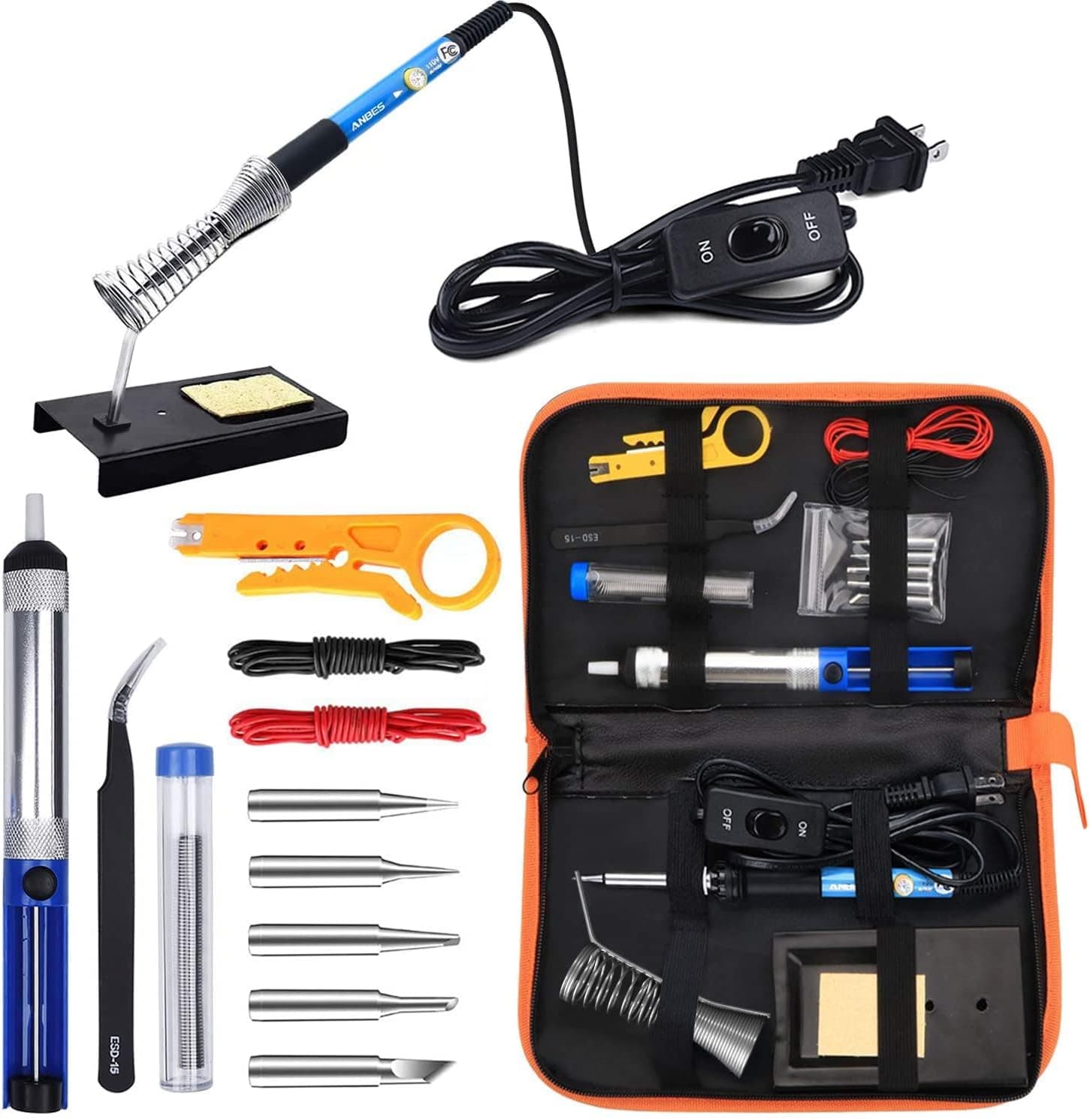 ANBES Soldering Iron Kit Electronics 60W Adjustable Temperature, 5 Tips, Desoldering Pump, Stand