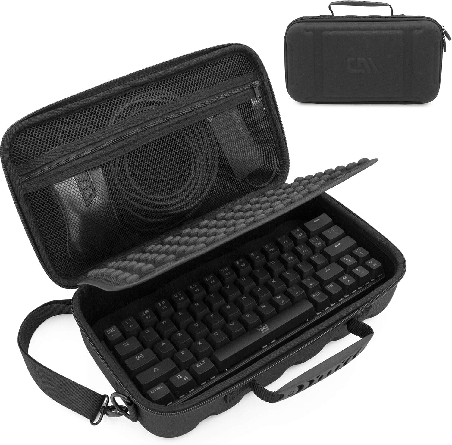 CASEMATIX 60% Keyboard Case for 61 Key Mechanical Keyboards, Hard Shell Travel Case with Shoulder Strap