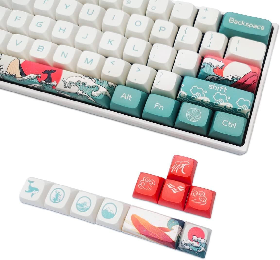 Custom XDA Profile PBT Keycaps Japanese Ukiyo-e Coral Sea 109 Key Set