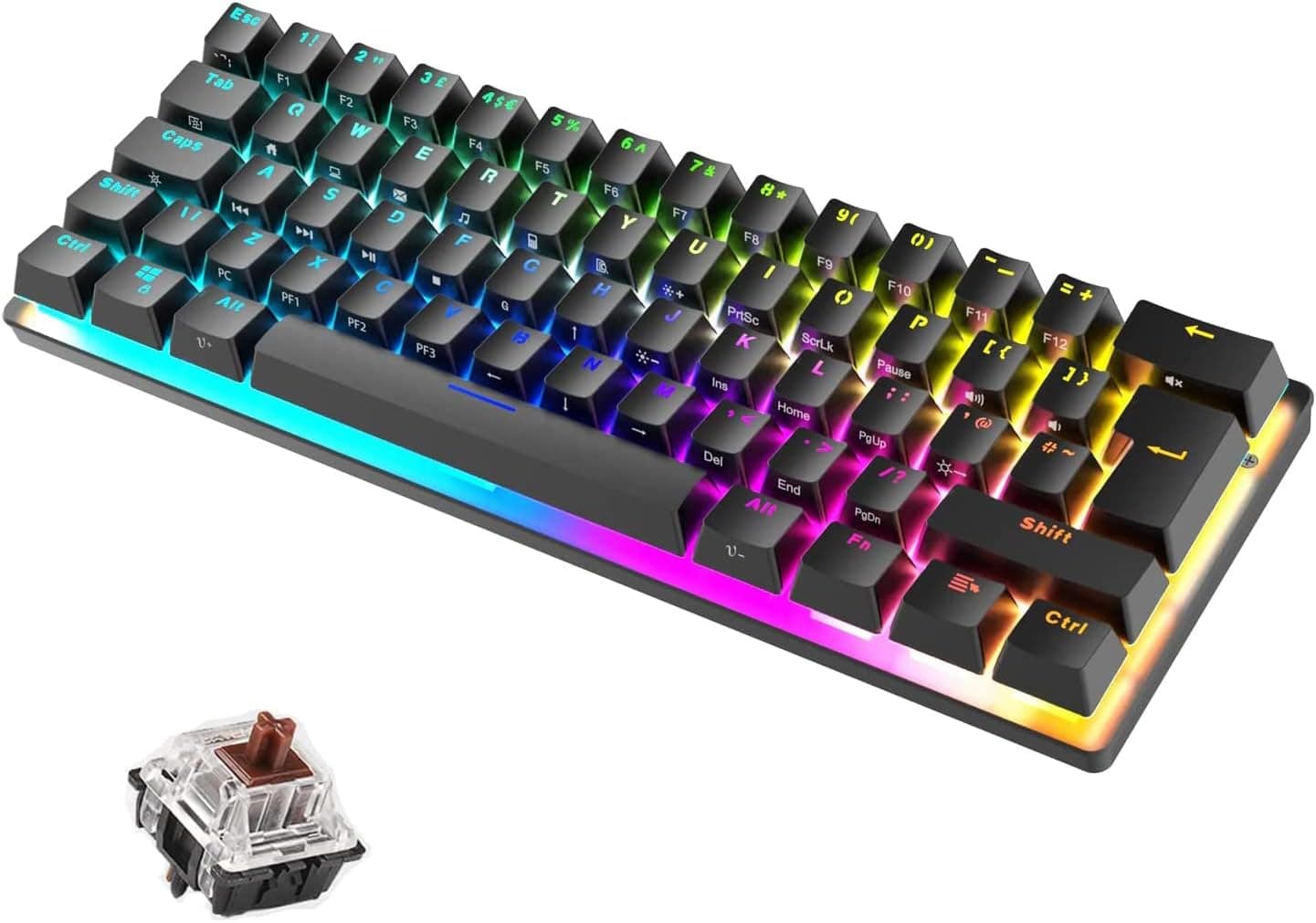 Compact 60% Mechanical Gaming Keyboard 61 Keys RGB Metal Plate Brown Switch (Black)