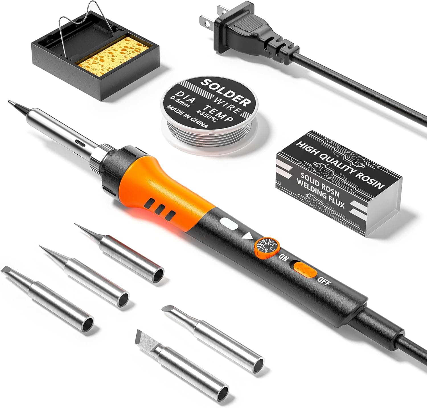 60W Adjustable Temperature Soldering Iron Kit 9-in-1 with 5 Tips, Solder Wire, Stand