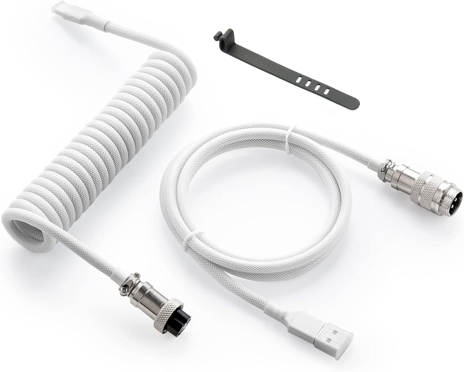 GUNMJO Pro Custom Coiled USB-C Keyboard Cable, Double-Sleeved with Metal Aviator, 1.5M (White)