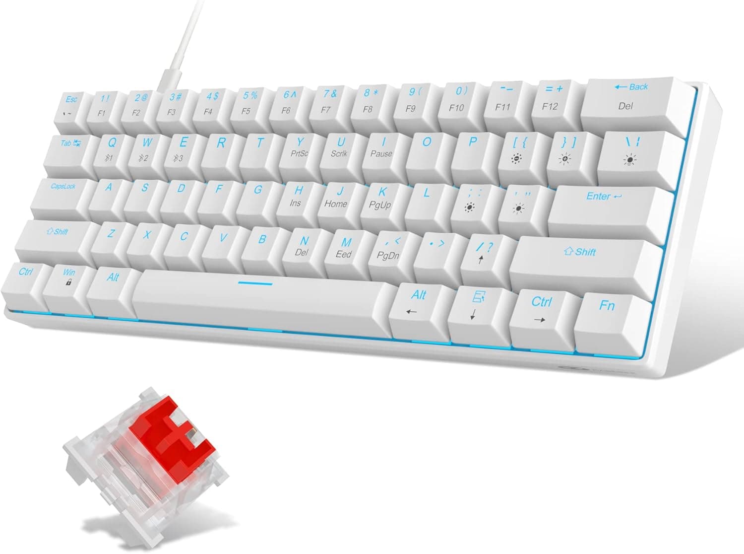 MageGee 60% Mechanical Keyboard, Red Switches, Sea Blue Backlit, Portable (White)
