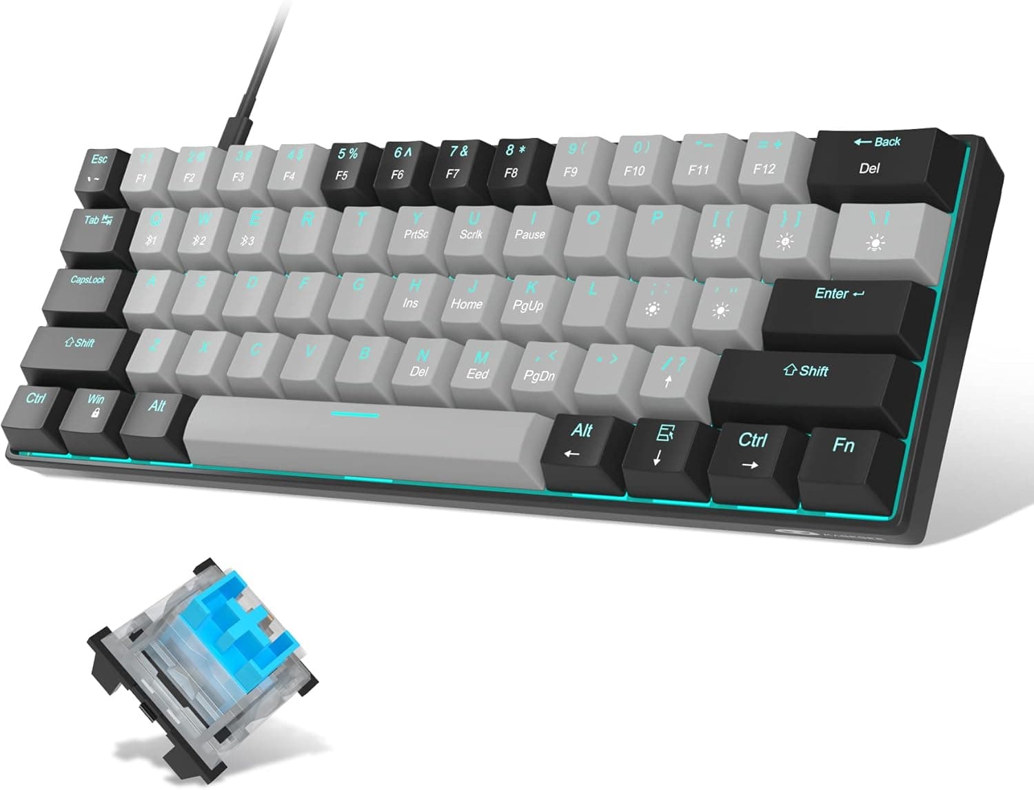 MageGee 60% Mechanical Keyboard, Blue Switches, Sea Blue Backlit, Compact (Black Grey)