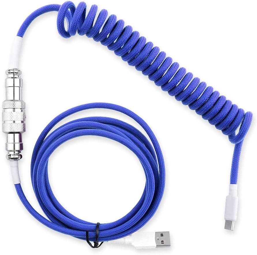 HUYUN Custom Coiled Aviator USB-C Double Sleeved Keyboard Cable, GX16 5-Pin USB-C to USB-A (Blue)