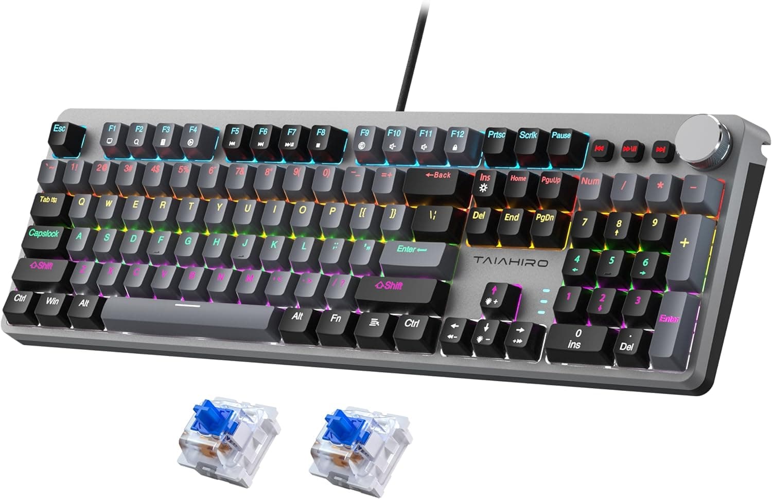 Mechanical Gaming Keyboard RGB Backlit 104 Keys Full Size with Knob Blue Switch
