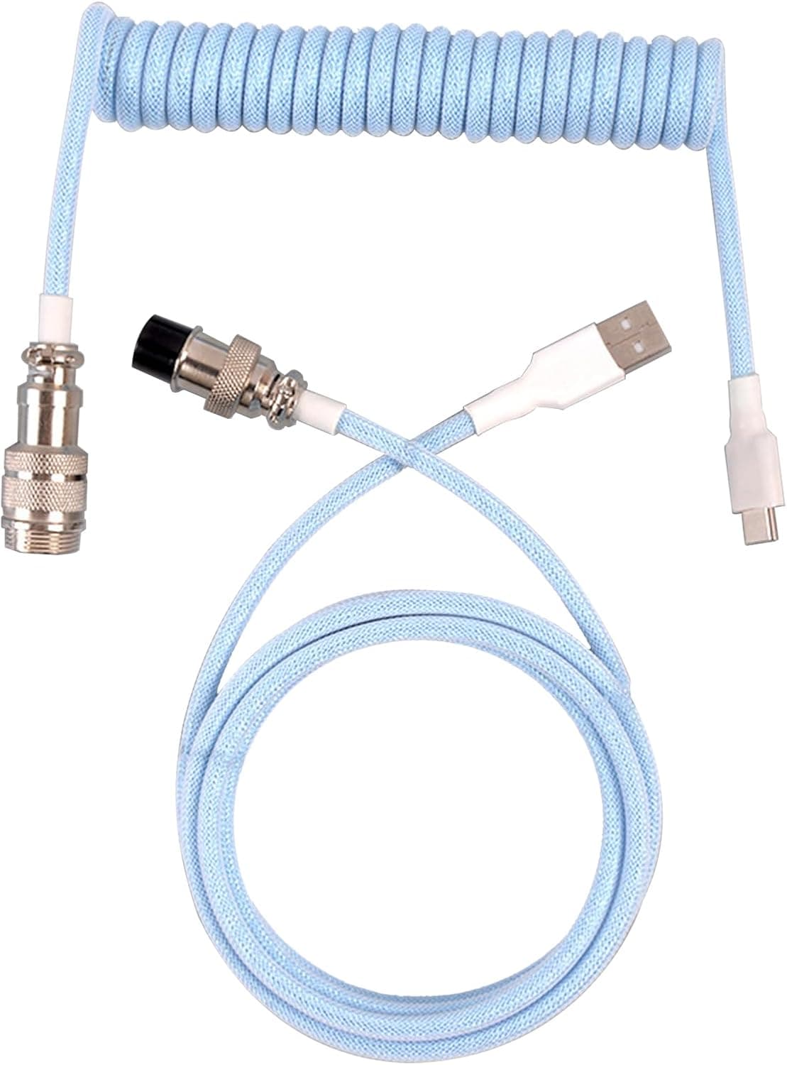 Coiled USB-C Keyboard Cable, Double-Sleeved with Detachable Metal Aviator, 1.5M USB-C to USB-A (Blue)