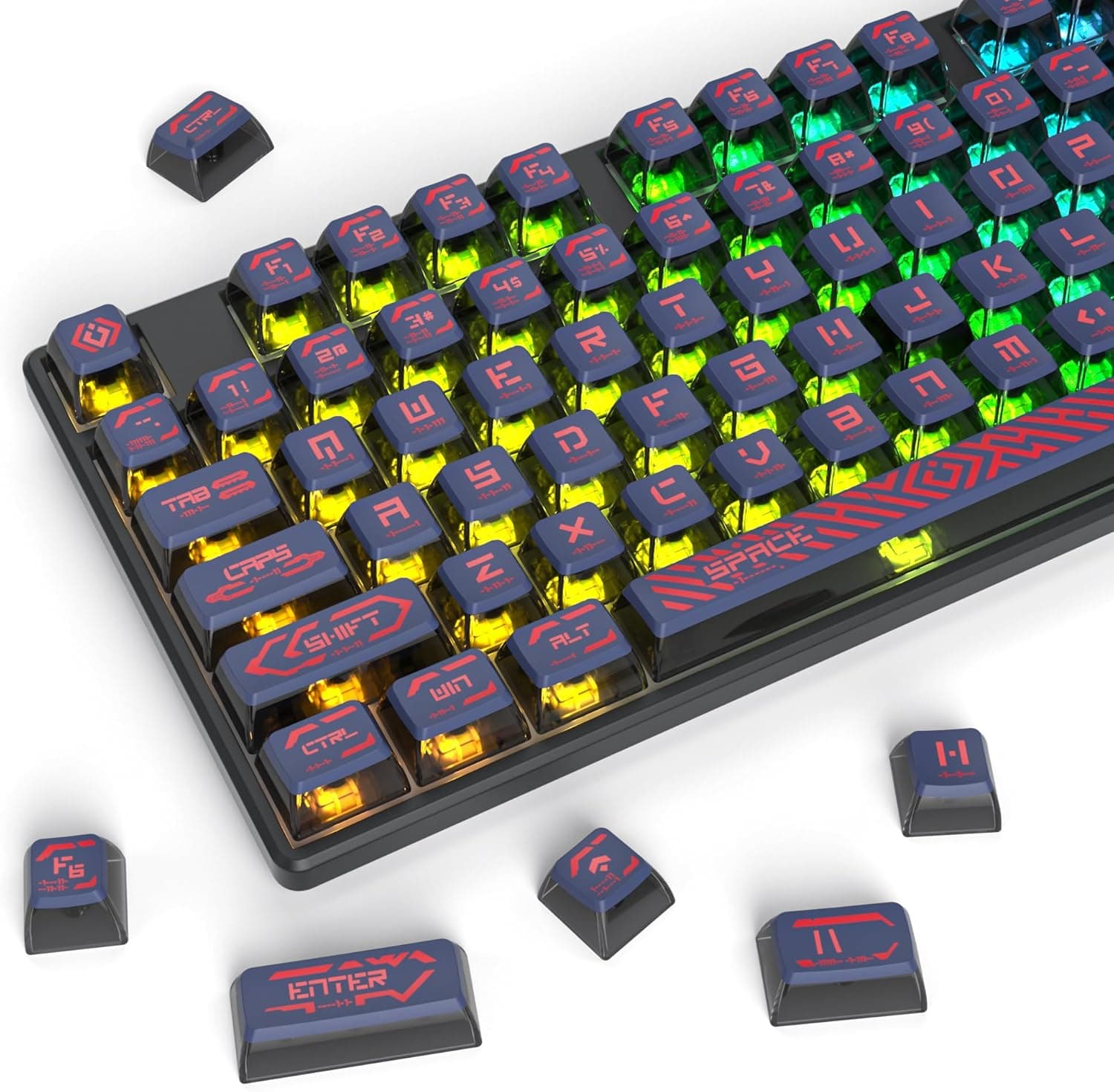 Owpkeenthy Pudding PBT Keycaps Transparent Shine Through Punk 120 Keys ASA (Red)