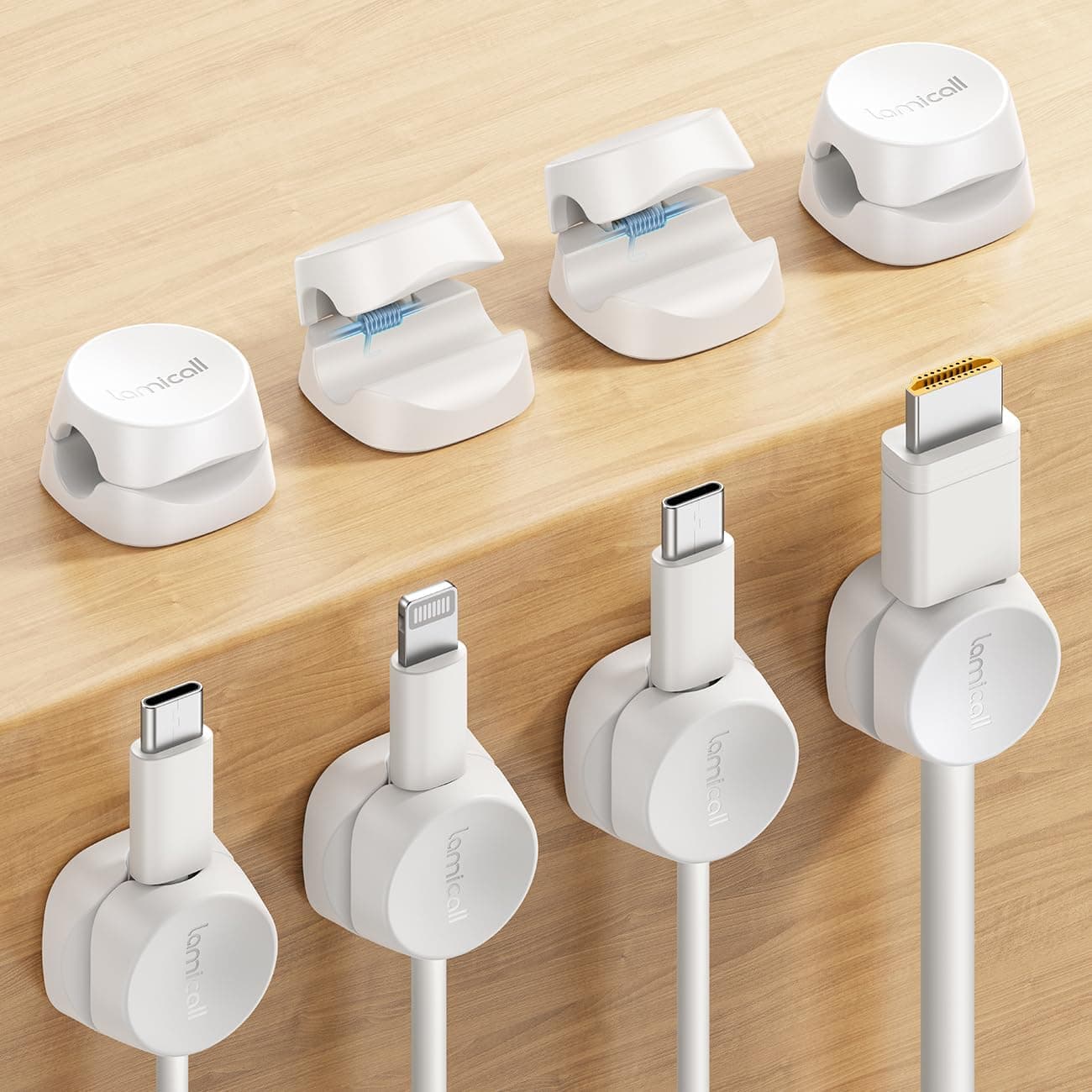 Lamicall 8 Pack Cord Organizer, Spring Cable Management Clips, Adhesive Cord Holder (White)