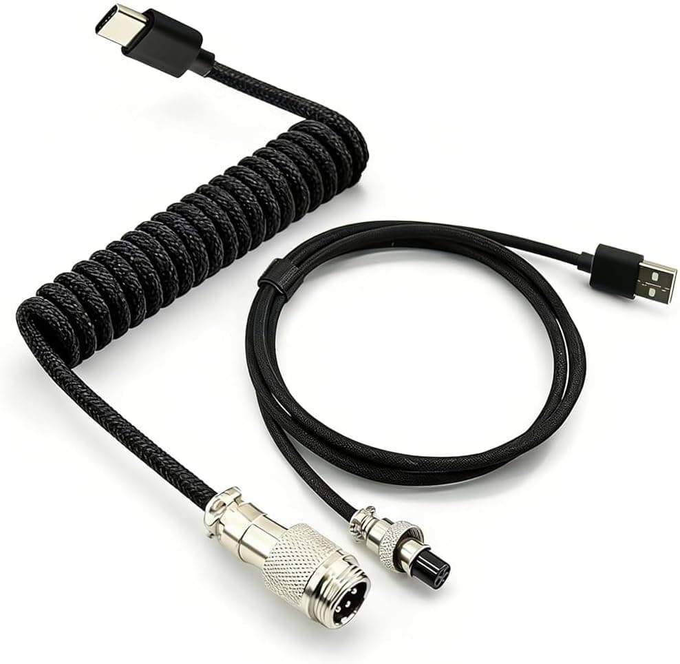 HSEUOPV Custom Coiled USB-C Keyboard Cable, Double-Sleeved with Detachable Metal Aviator, 1.8M (Black)