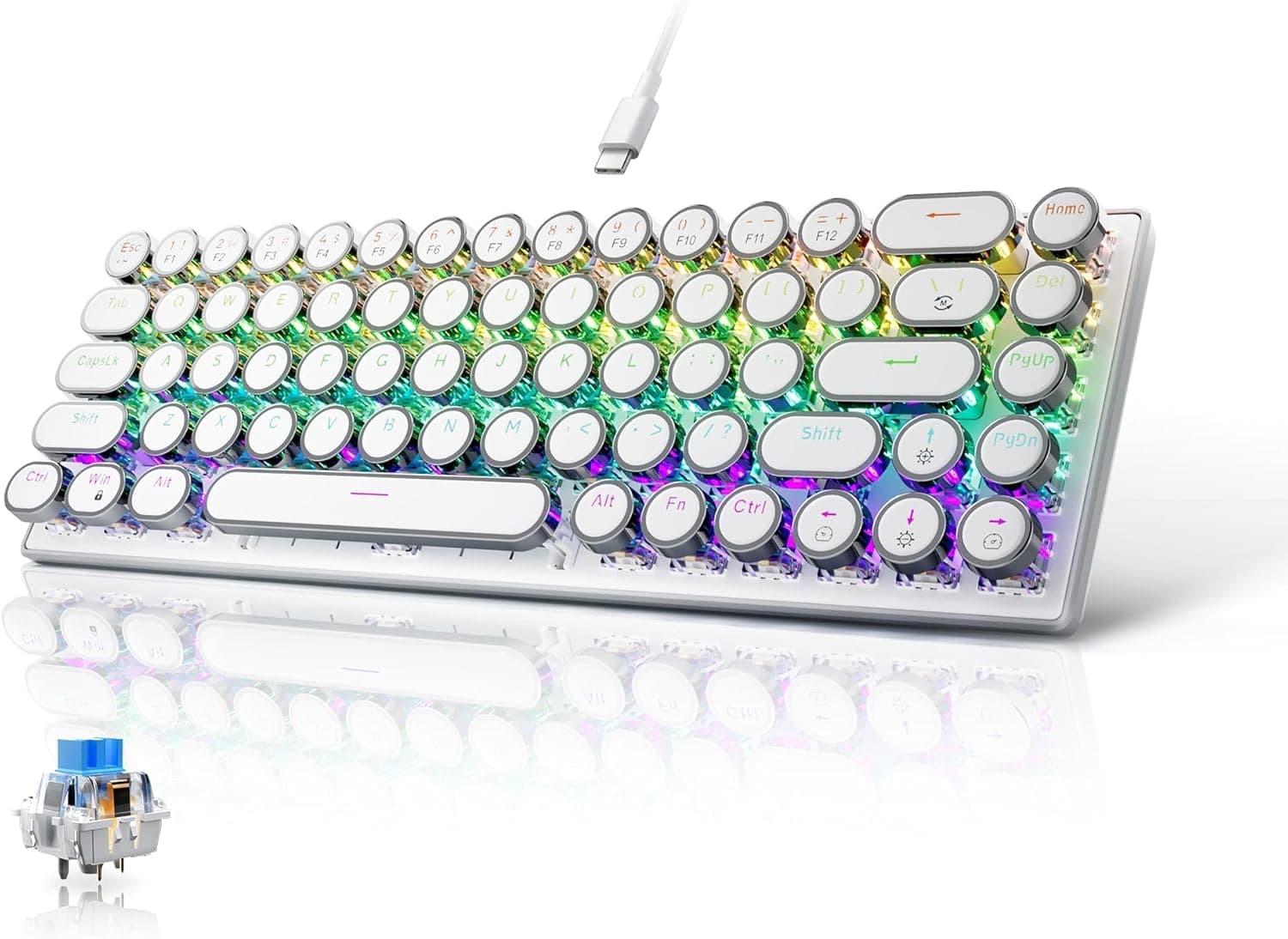 65% Wired Mechanical Gaming Keyboard 68 Keys Hot-swappable Retro Round Keys Blue (White)