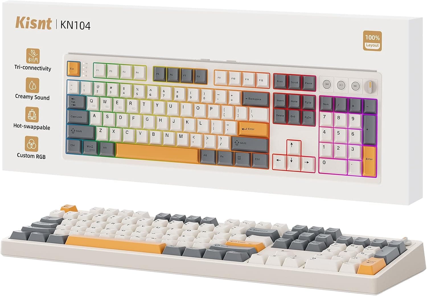 Wireless Mechanical Keyboard 104 Keys 100% Full Size Gasket Retro Beige