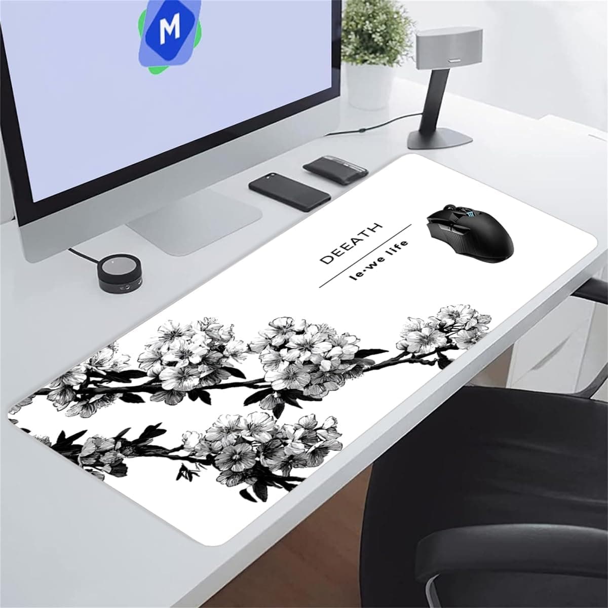 Large Mouse Pad Extended Keyboard Mat Stitched Edges XXL 31.5x15.7 (Gray White Flowers)