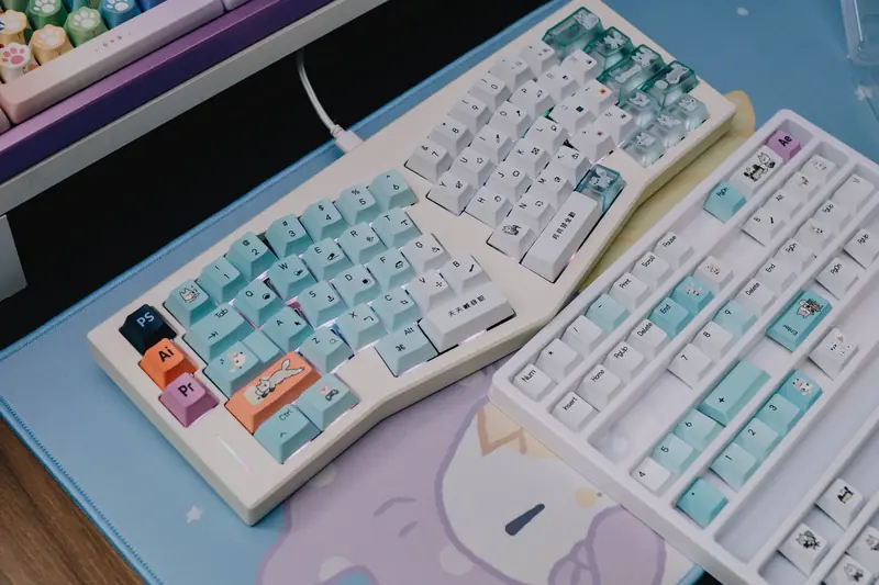Two custom mechanical keyboards featuring pastel keycaps on a cute, themed desk mat